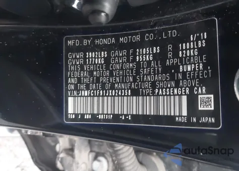 2018 Honda Civic Touring from USA, damaged, VIN JHMFC1F91JX024358